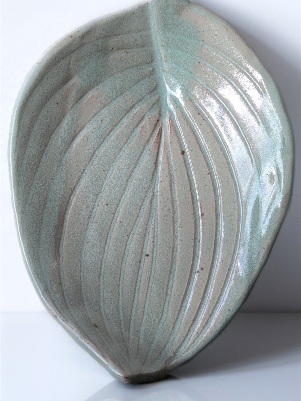Handmade Ceramic Hosta Leaf Dish Sage Green Speckled Studio Pottery Tray
